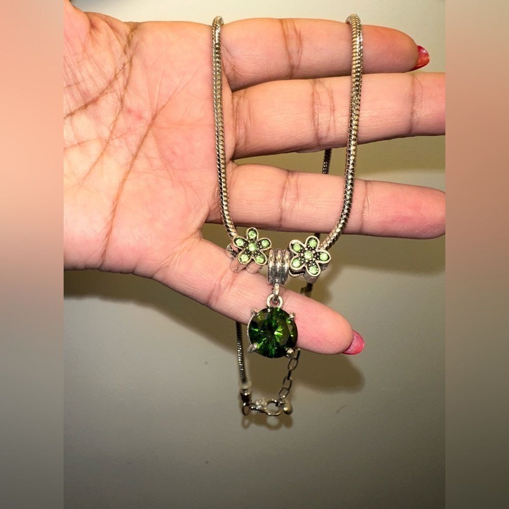 Elegant Green/Silver Floral Pendant RUBYCA EUROPEAN STYLE SNAKE CHAIN Necklace